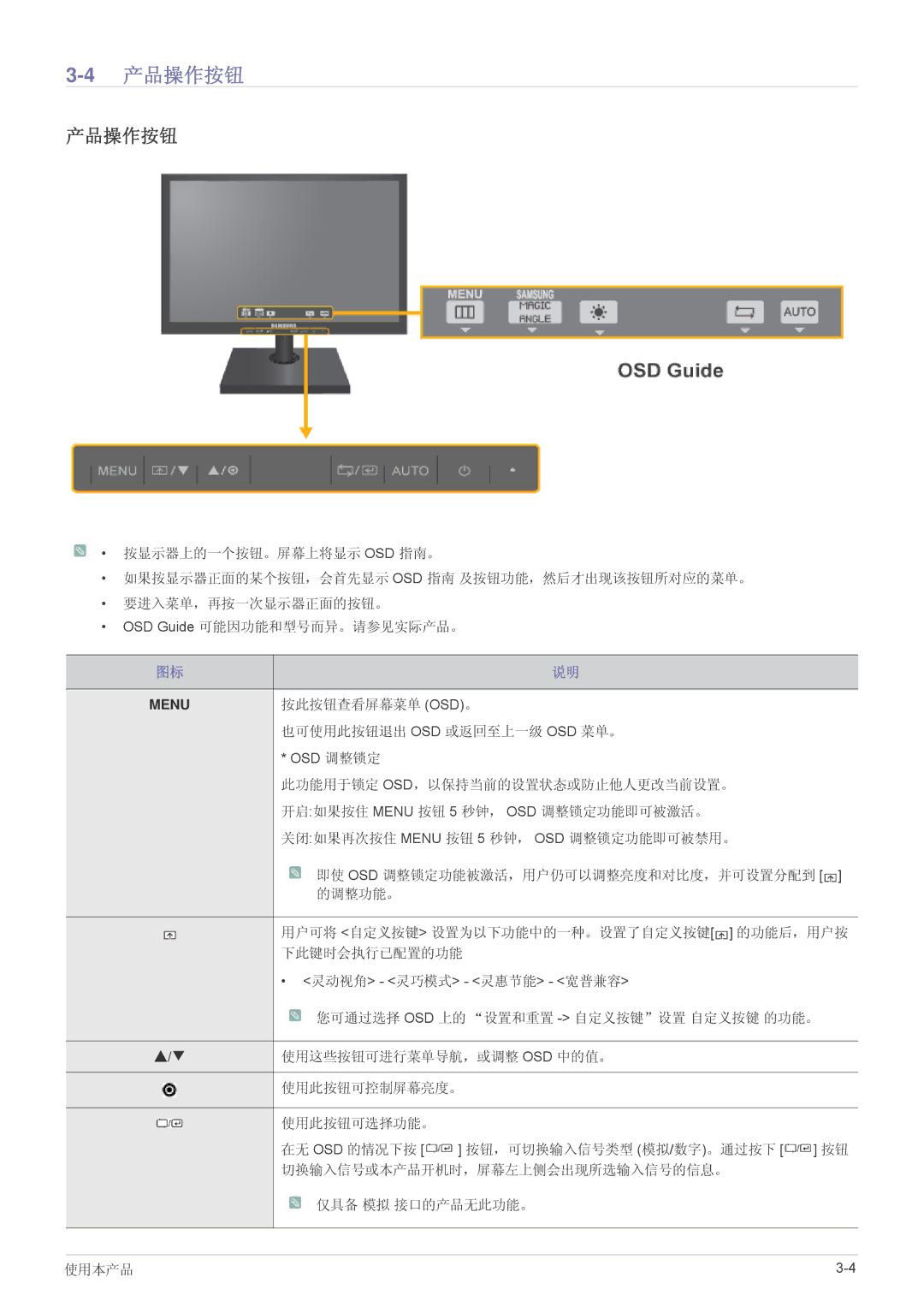 Samsung LS22A460BSU/EN manual 4产品操作按钮 