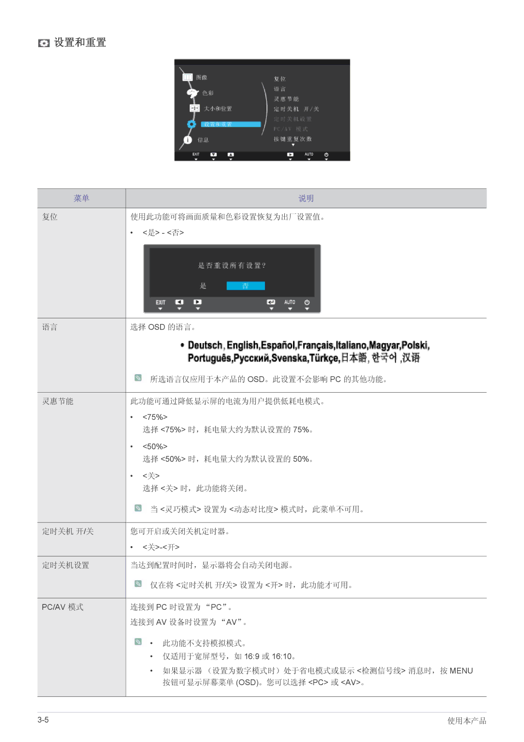 Samsung LS22A460BSU/EN manual 设置和重置 