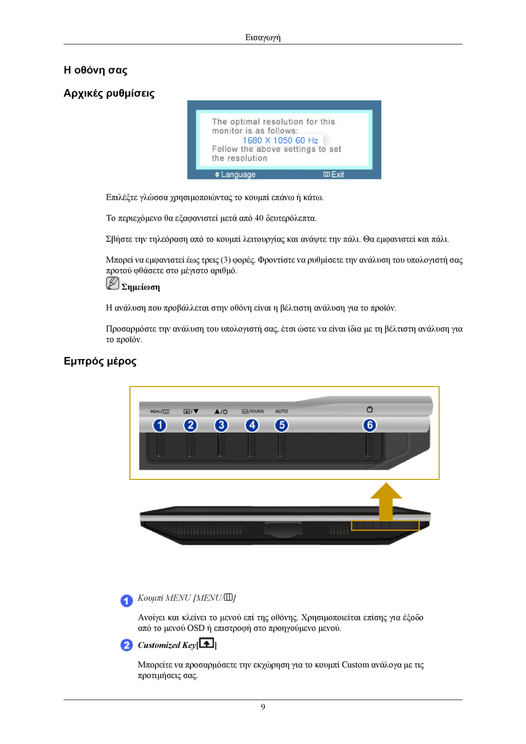 Samsung LS22AQWJFV/EDC, LS22AQVJFV/EDC, LS22AQVJFV/XAA manual Οθόνη σας Αρχικές ρυθμίσεις, Εμπρός μέρος 