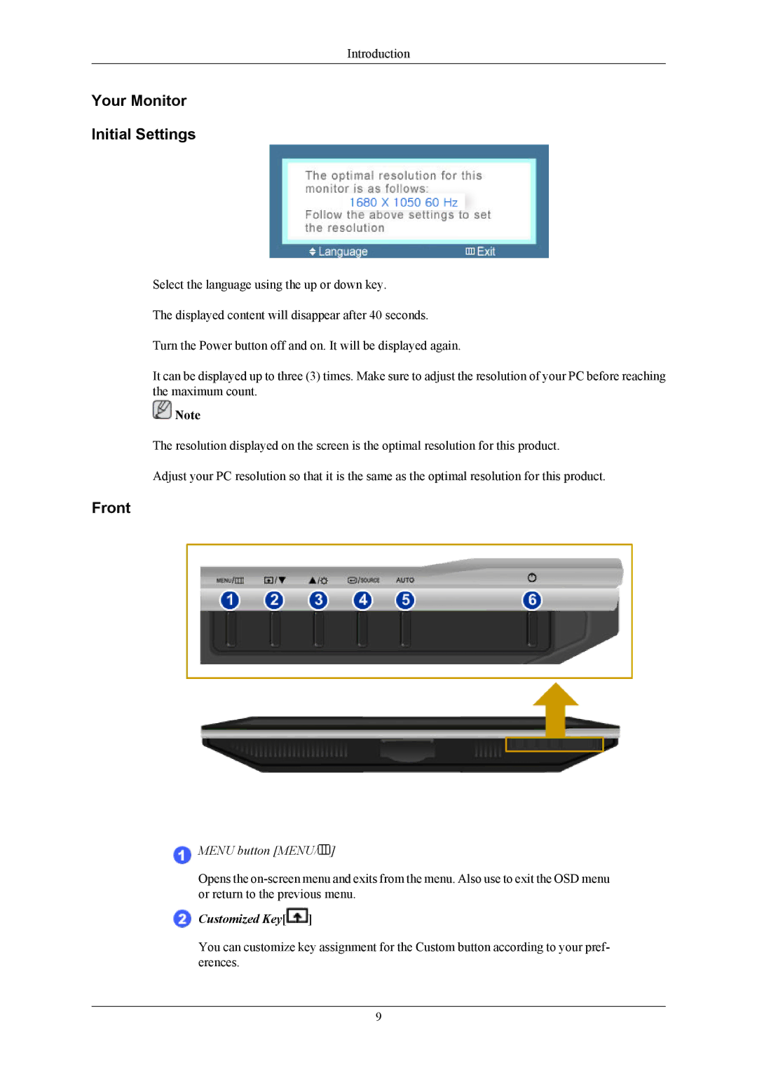 Samsung LS22AQWJFVMXSV, LS22AQVJFV/EDC, LS22AQWJFV/EDC, LS22AQWJFV/XSV, LS22AQVJFV/XAA Your Monitor Initial Settings, Front 