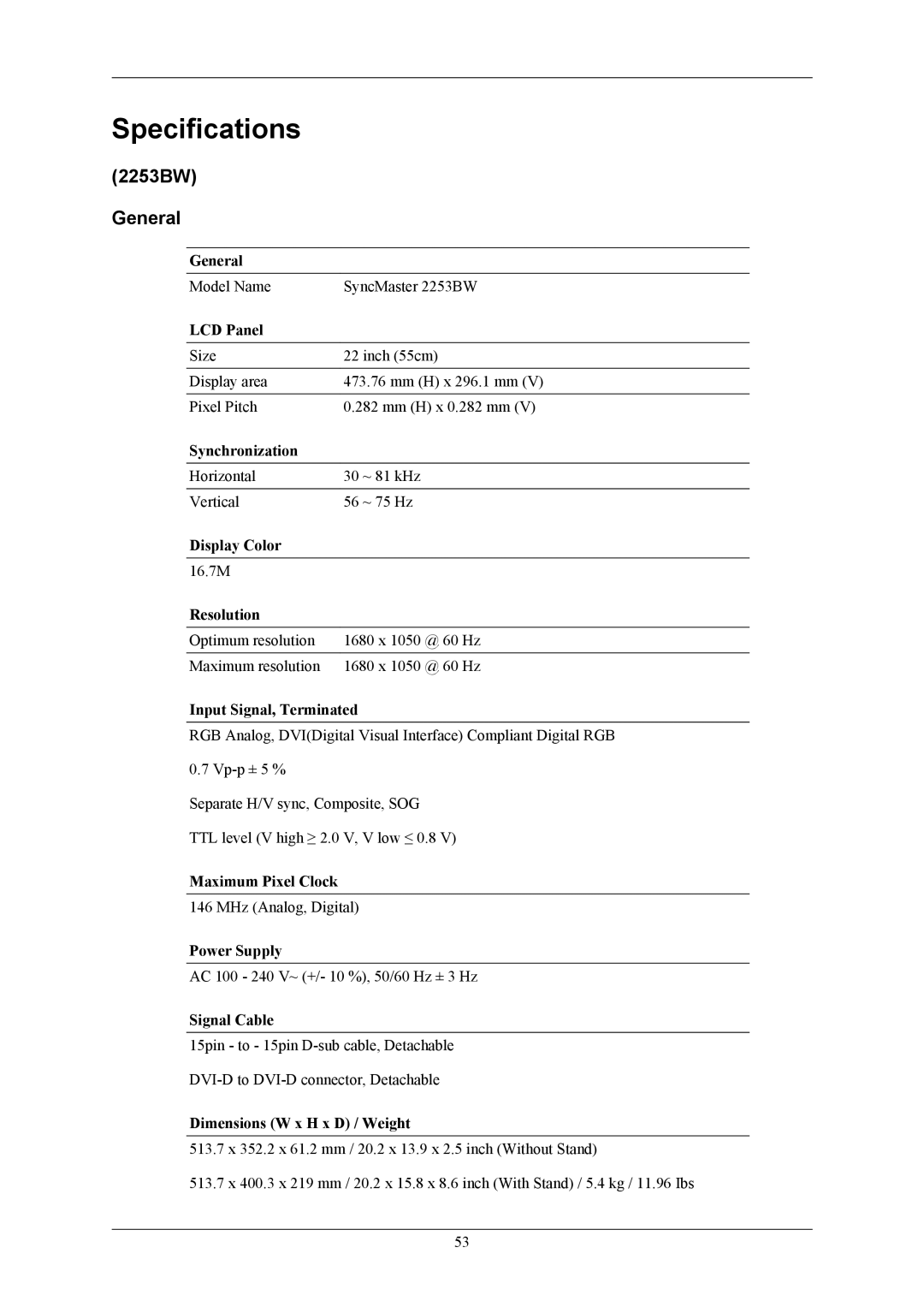 Samsung LS22AQVJFV/ILC, LS22AQVJFV/EDC, LS22AQWJFV/EDC, LS22AQWJFV/XSV, LS22AQWJFVMXSV manual Specifications, 2253BW General 