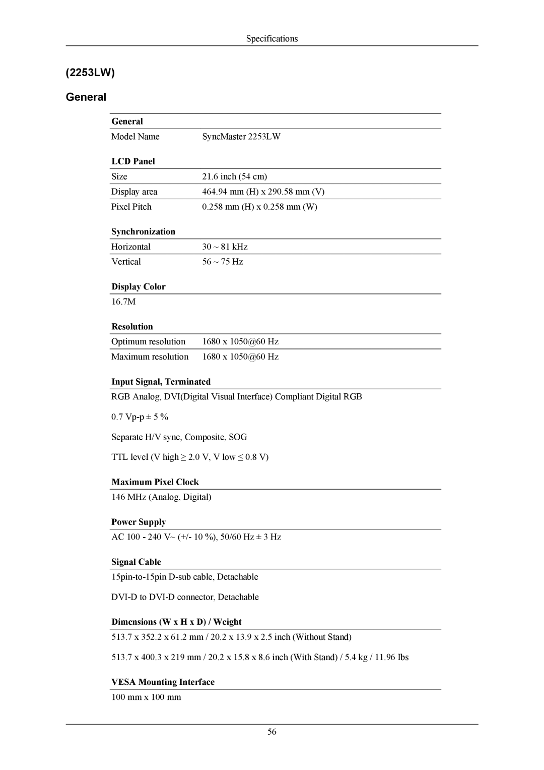 Samsung LS22AQWJFV/EDC, LS22AQVJFV/EDC, LS22AQWJFV/XSV, LS22AQWJFVMXSV, LS22AQVJFV/XAA, LS22AQVJFV/ILC manual 2253LW General 