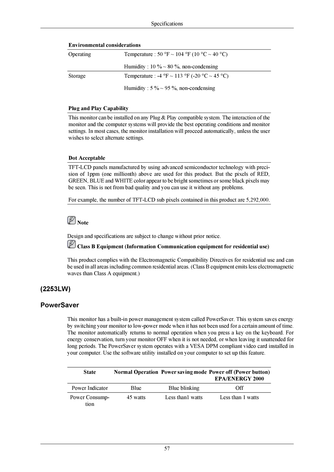 Samsung LS22AQWJFV/XSV, LS22AQVJFV/EDC, LS22AQWJFV/EDC, LS22AQWJFVMXSV manual 2253LW PowerSaver, Environmental considerations 