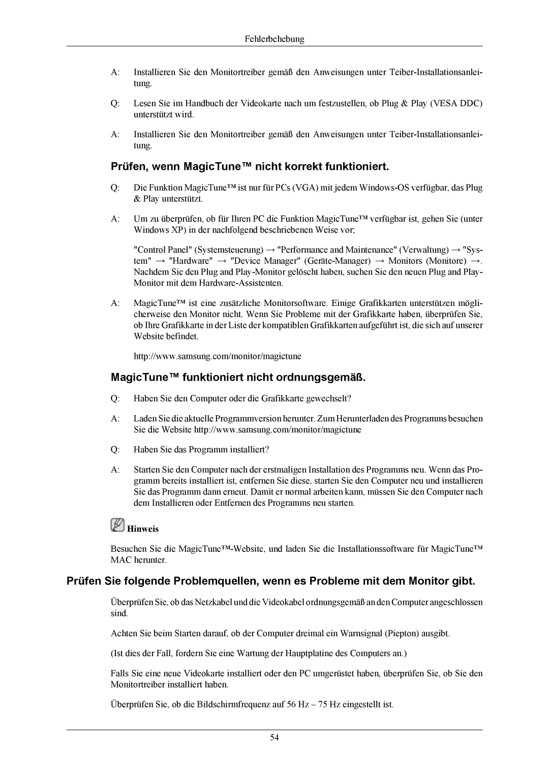 Samsung LS22AQWJFV/EDC manual Prüfen, wenn MagicTune nicht korrekt funktioniert, MagicTune funktioniert nicht ordnungsgemäß 