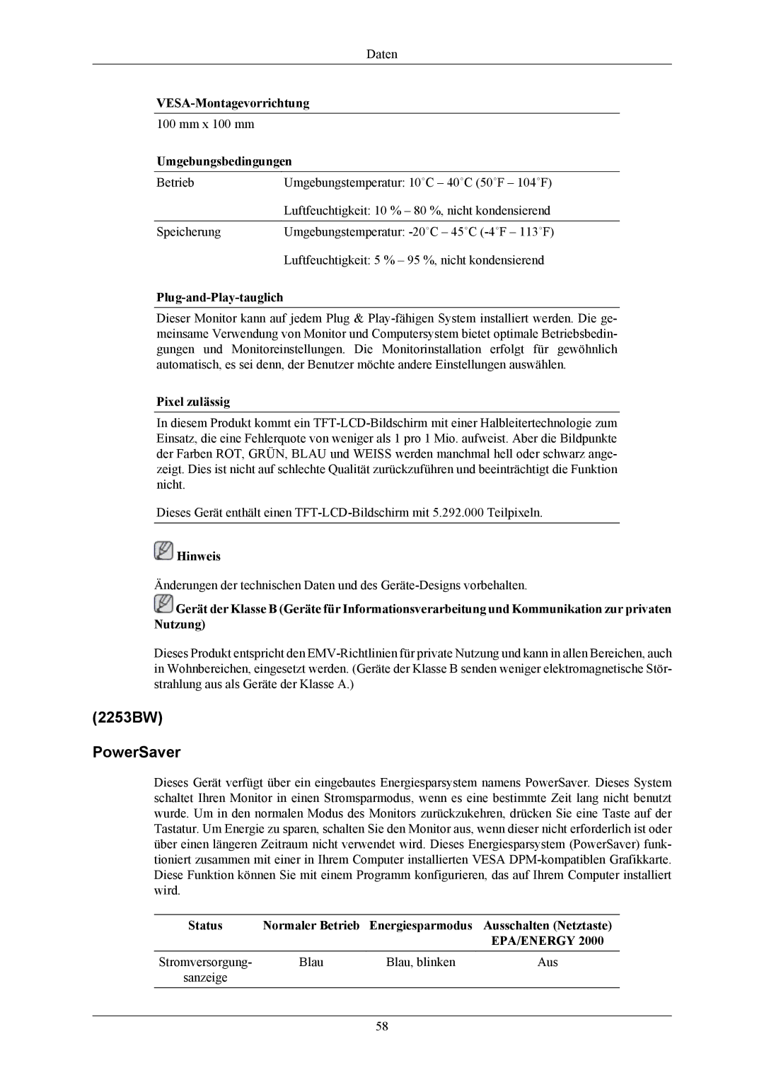 Samsung LS22AQWJFV/EDC, LS22AQVJFV/EDC manual 2253BW PowerSaver 