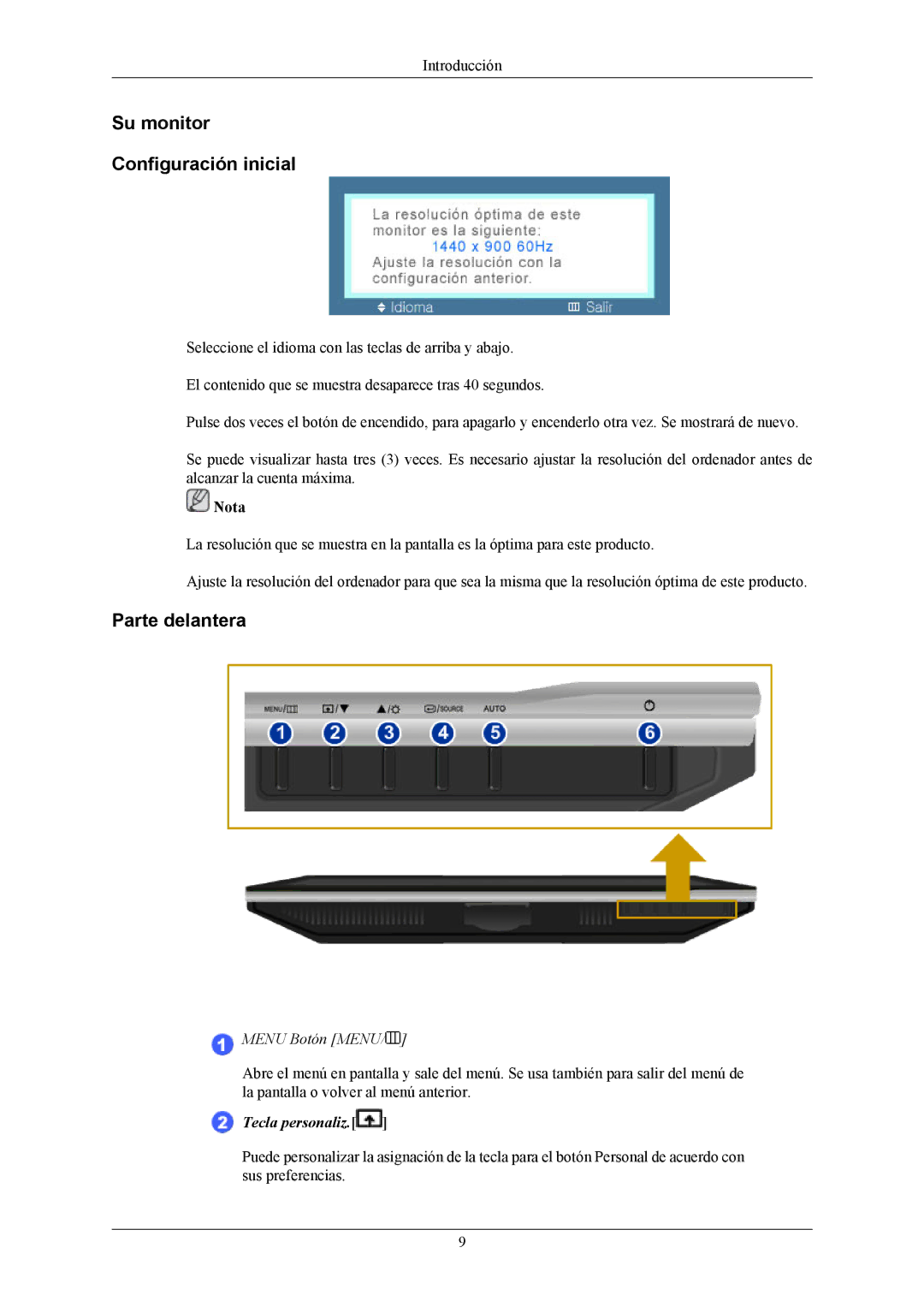 Samsung LS22AQVJFV/EDC, LS22AQWJFV/EDC manual Su monitor Configuración inicial, Parte delantera 