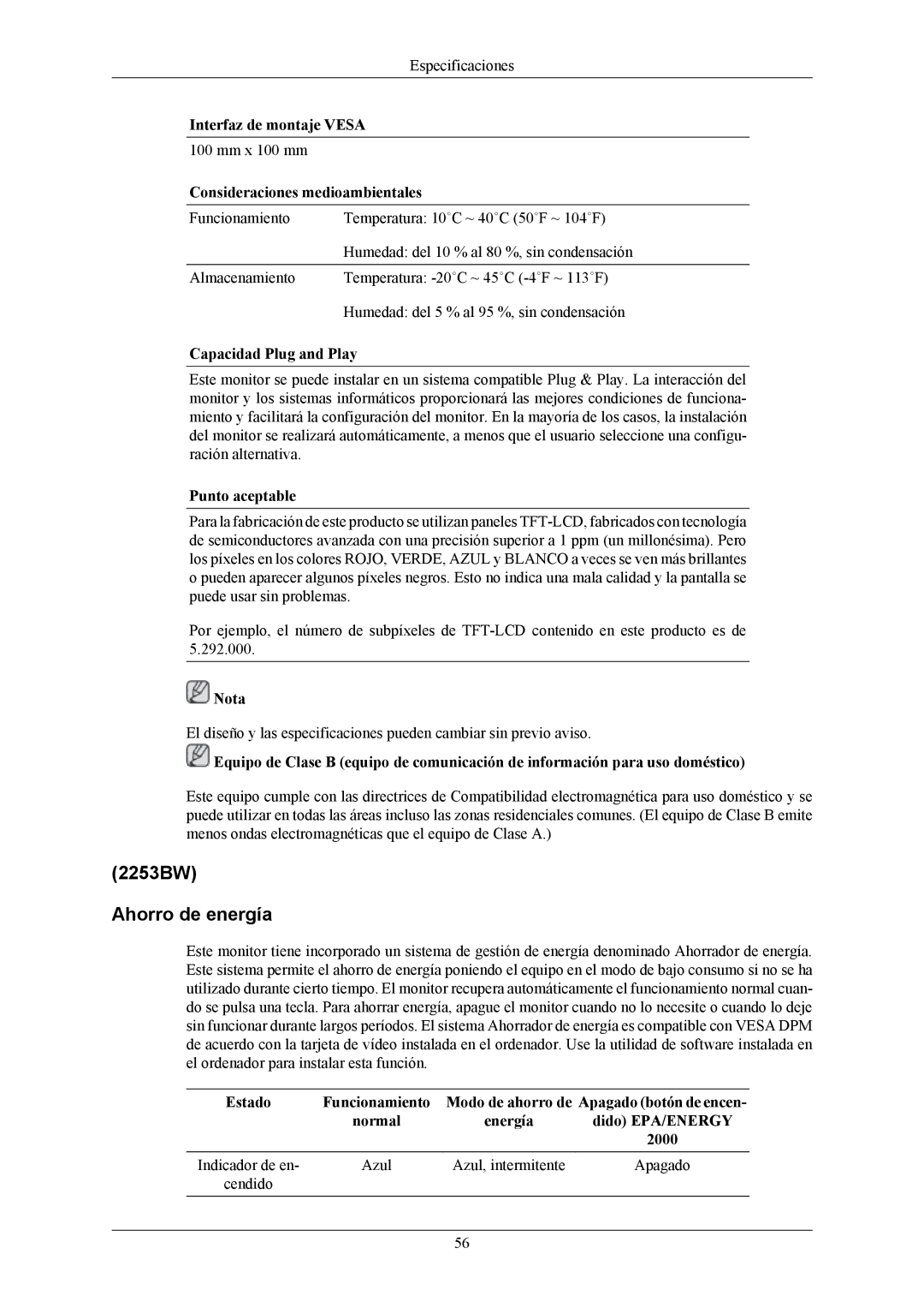 Samsung LS22AQWJFV/EDC, LS22AQVJFV/EDC manual 2253BW Ahorro de energía 