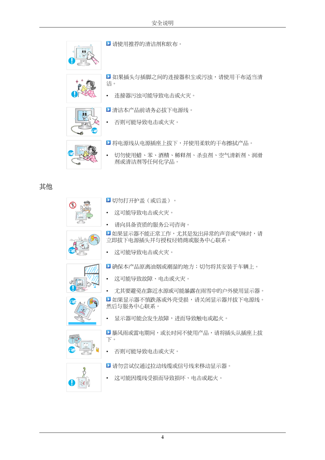 Samsung LS22AQWJFV/EDC, LS22AQVJFV/EDC manual 安全说明 请使用推荐的清洁剂和软布。 