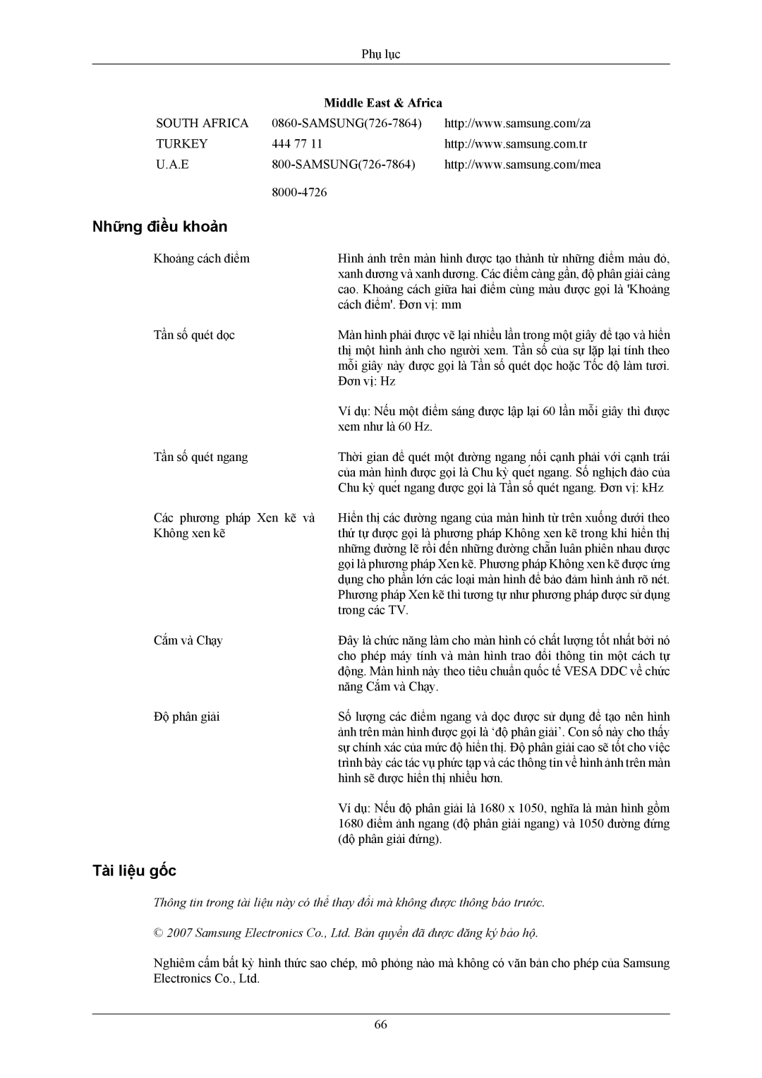 Samsung LS22AQWJFVMXSV, LS22AQWJFV/XSV manual Những điều khoản, Tài liệu gốc, Middle East & Africa 