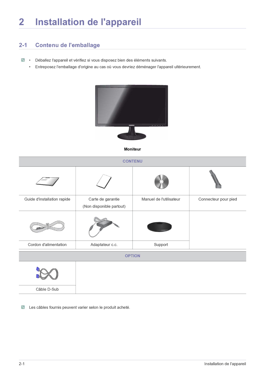 Samsung LS22B150NS/EN, LS19B150NS/EN manual Installation de lappareil, Contenu de lemballage, Option 