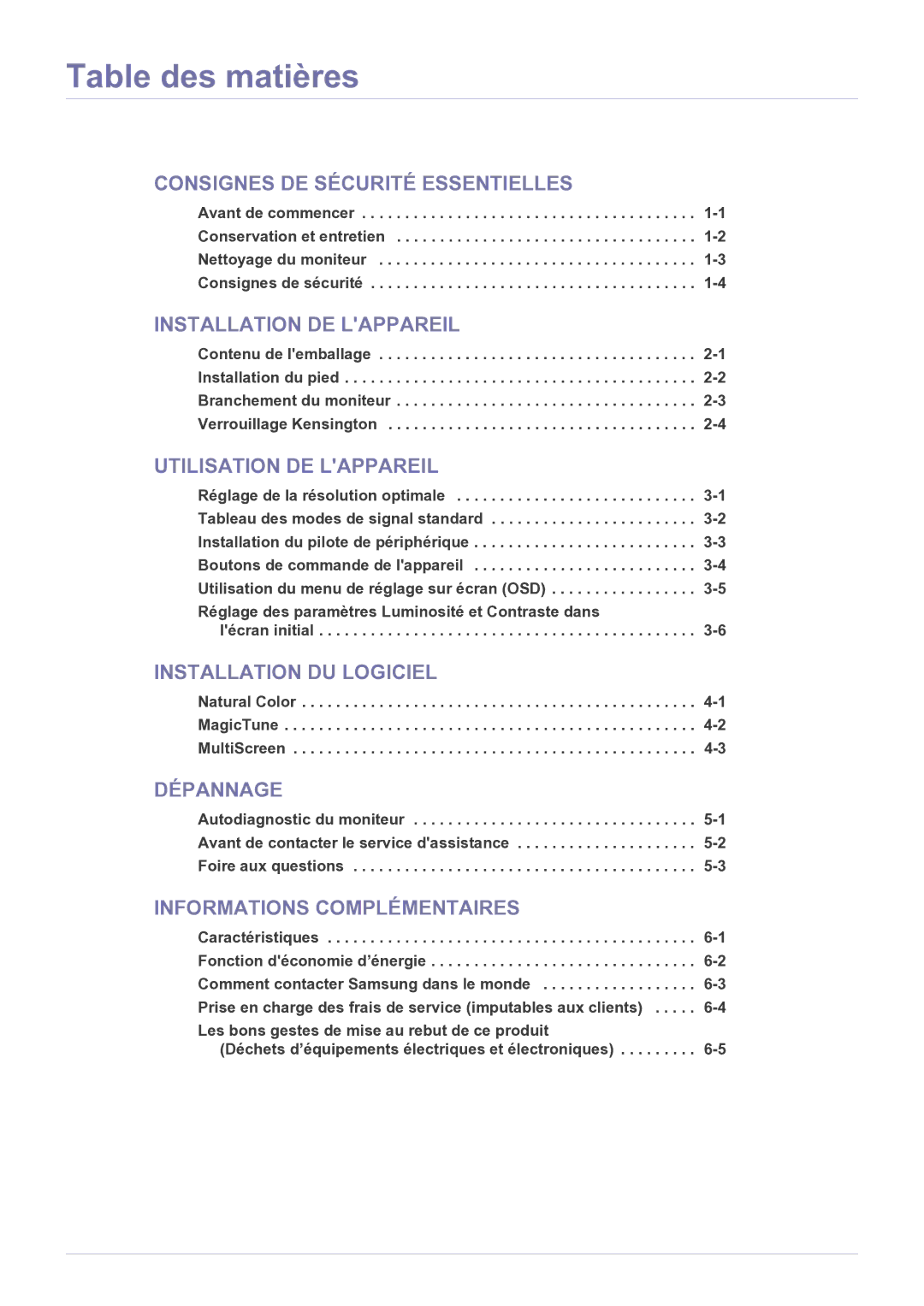 Samsung LS22B150NS/EN, LS19B150NS/EN manual Table des matières, Caractéristiques Fonction déconomie d’énergie 