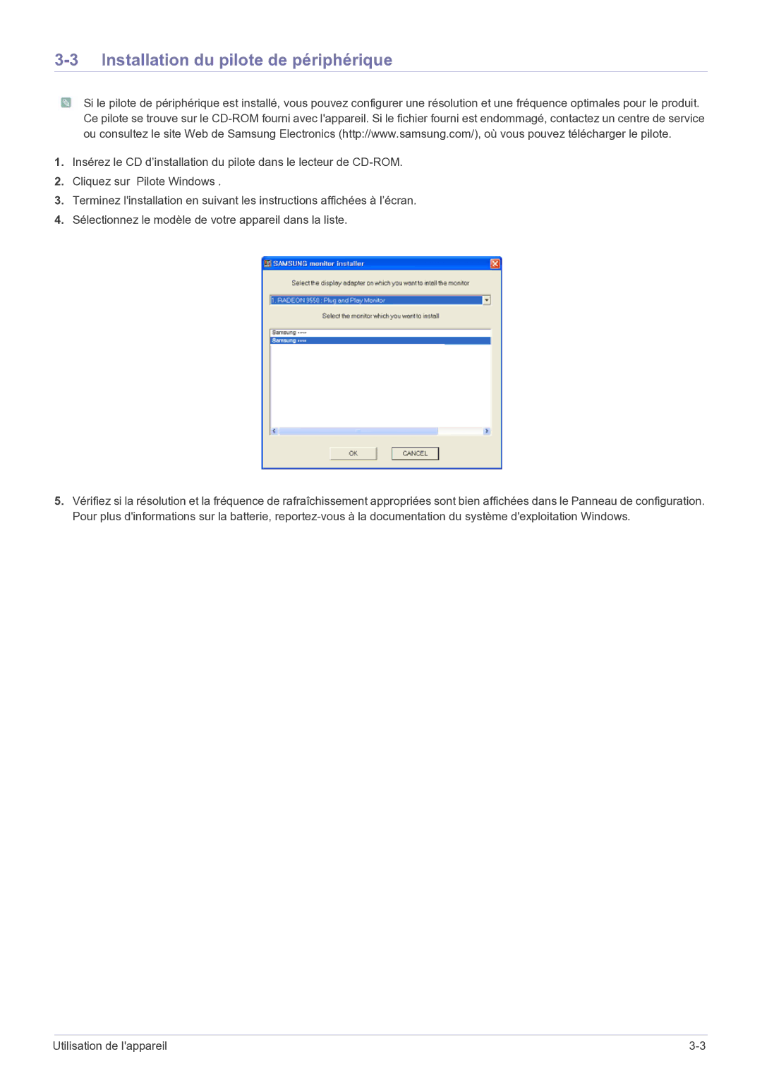 Samsung LS19B150NS/EN, LS22B150NS/EN manual Installation du pilote de périphérique 