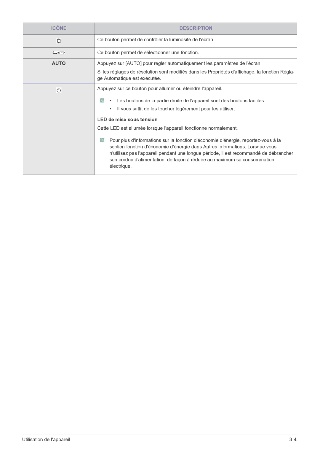 Samsung LS19B150NS/EN, LS22B150NS/EN manual Auto, LED de mise sous tension 