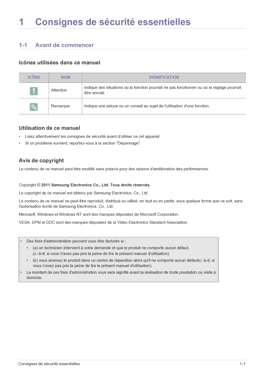 Samsung LS19B150NS/EN manual Consignes de sécurité essentielles, Avant de commencer, Icônes utilisées dans ce manuel 