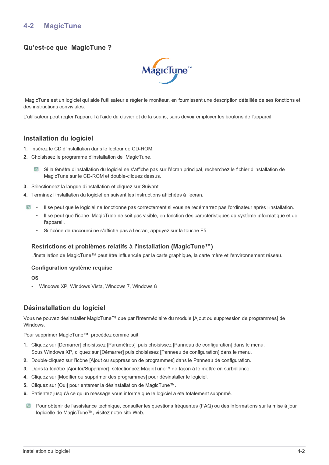 Samsung LS19B150NS/EN, LS22B150NS/EN Qu’est-ce que MagicTune ?, Installation du logiciel, Désinstallation du logiciel 