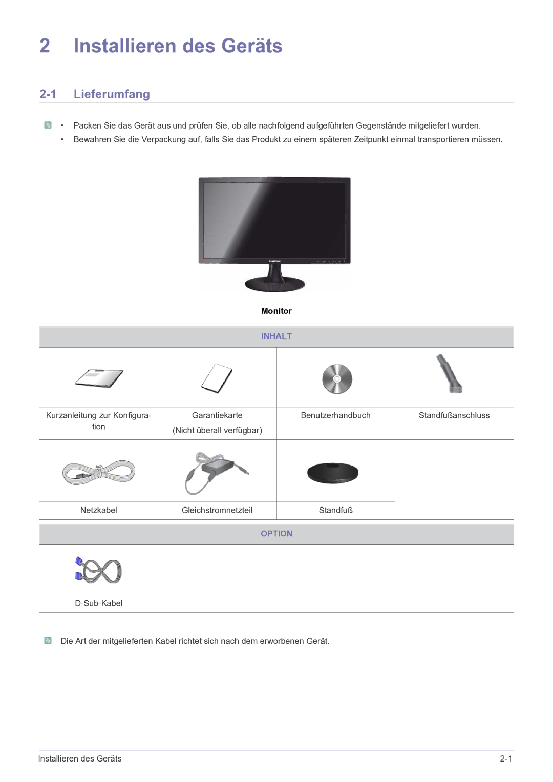 Samsung LS19B150NS/EN, LS22B150NS/EN manual Installieren des Geräts, Lieferumfang, Inhalt, Option 