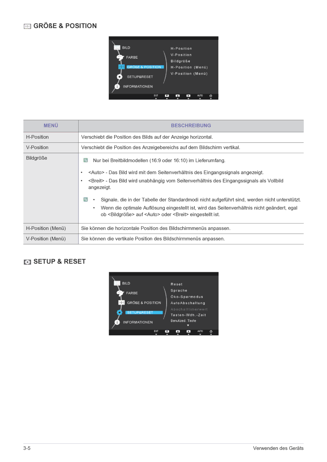 Samsung LS22B150NS/EN, LS19B150NS/EN manual GRÖßE & Position, Setup & Reset 