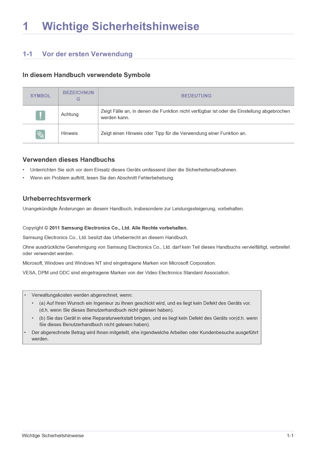 Samsung LS19B150NS/EN manual Wichtige Sicherheitshinweise, Vor der ersten Verwendung, Diesem Handbuch verwendete Symbole 