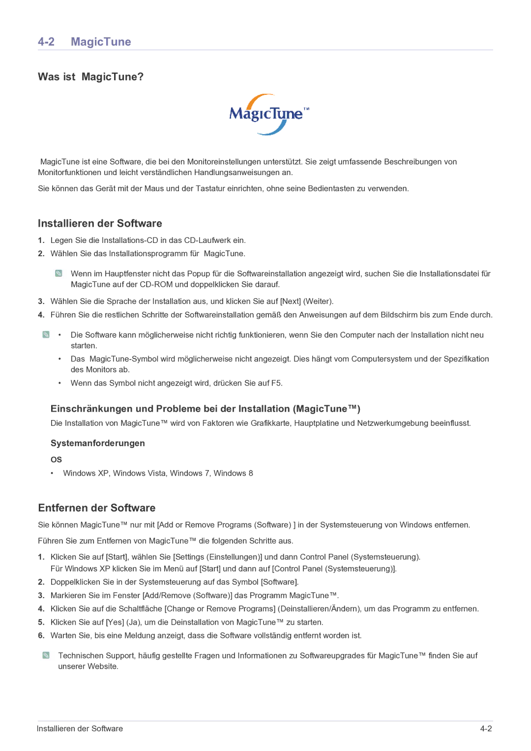 Samsung LS19B150NS/EN, LS22B150NS/EN manual Was ist MagicTune?, Installieren der Software, Entfernen der Software 