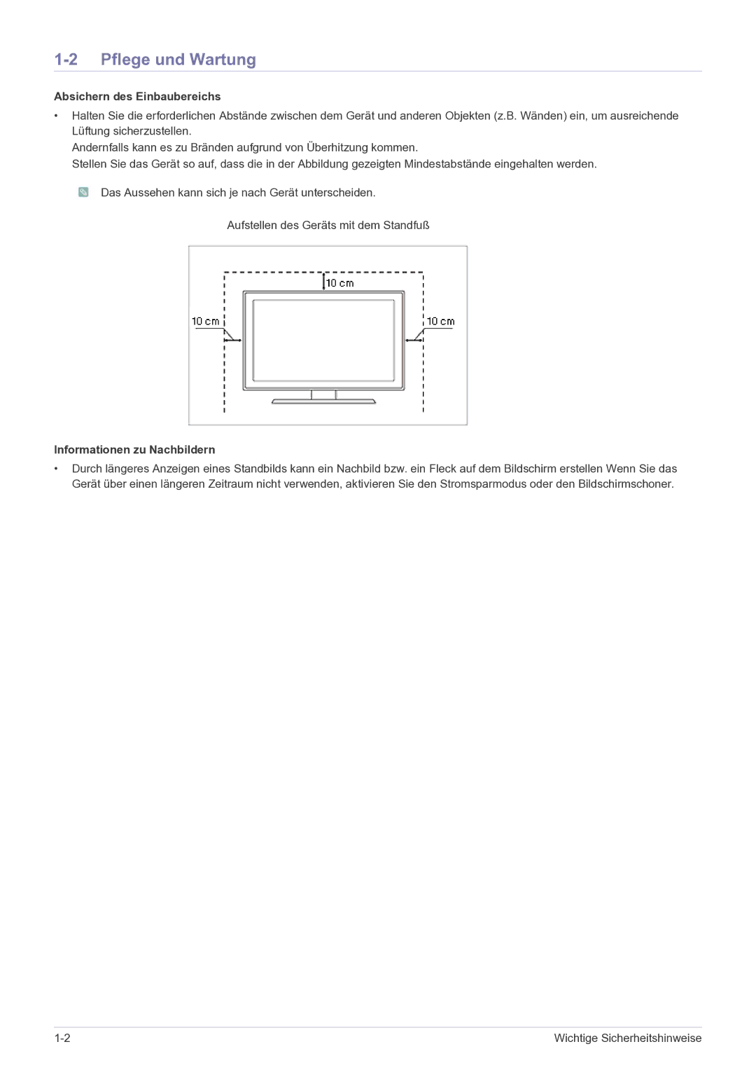 Samsung LS22B150NS/EN, LS19B150NS/EN manual Pflege und Wartung, Absichern des Einbaubereichs, Informationen zu Nachbildern 