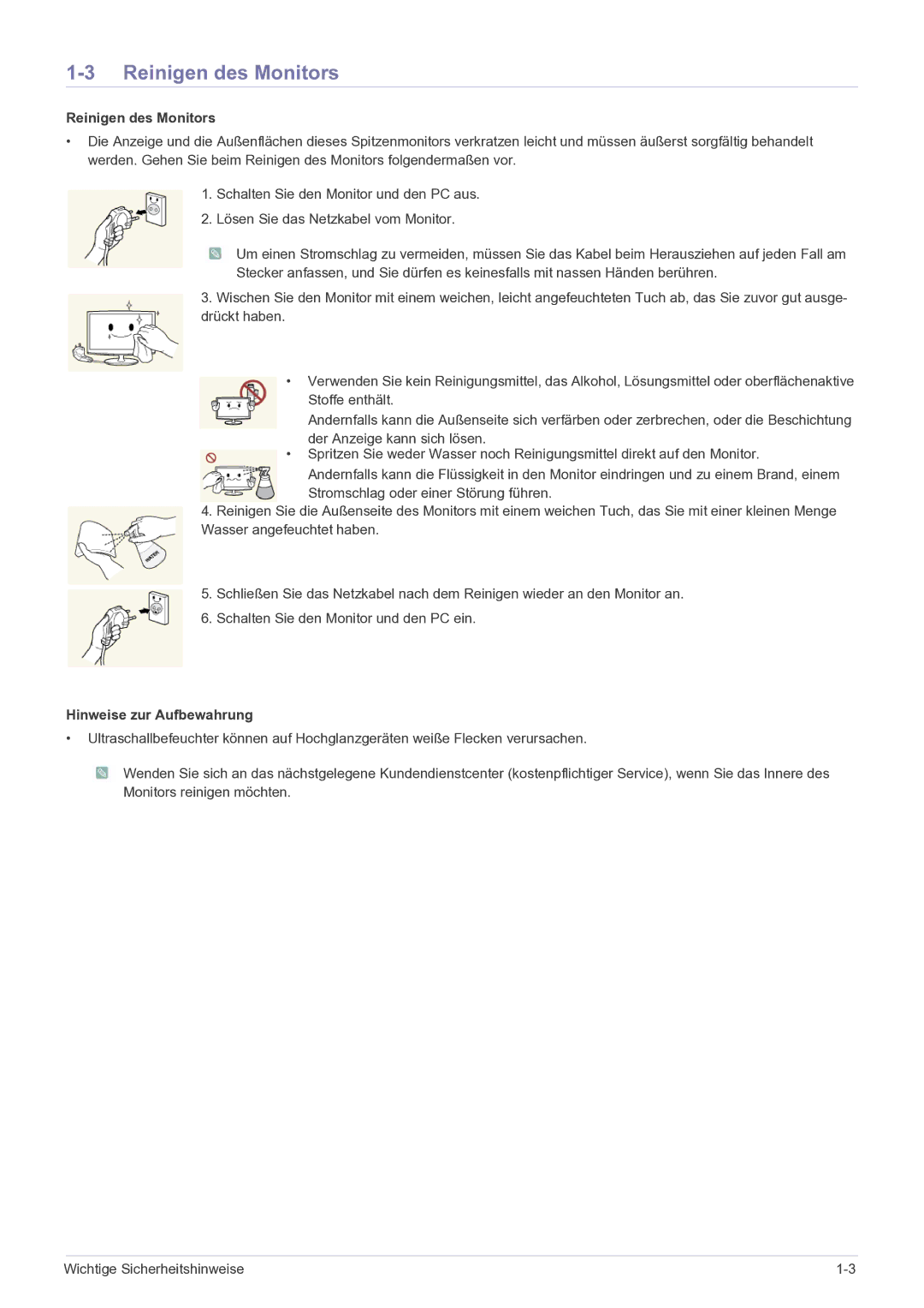 Samsung LS19B150NS/EN, LS22B150NS/EN manual Reinigen des Monitors, Hinweise zur Aufbewahrung 