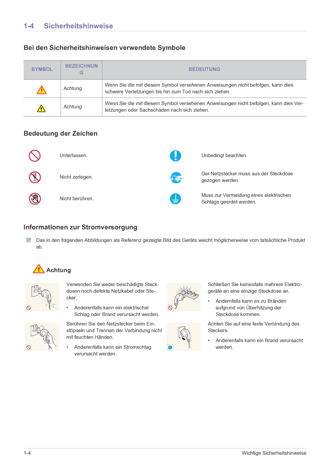 Samsung LS22B150NS/EN, LS19B150NS/EN manual Bei den Sicherheitshinweisen verwendete Symbole, Bedeutung der Zeichen 