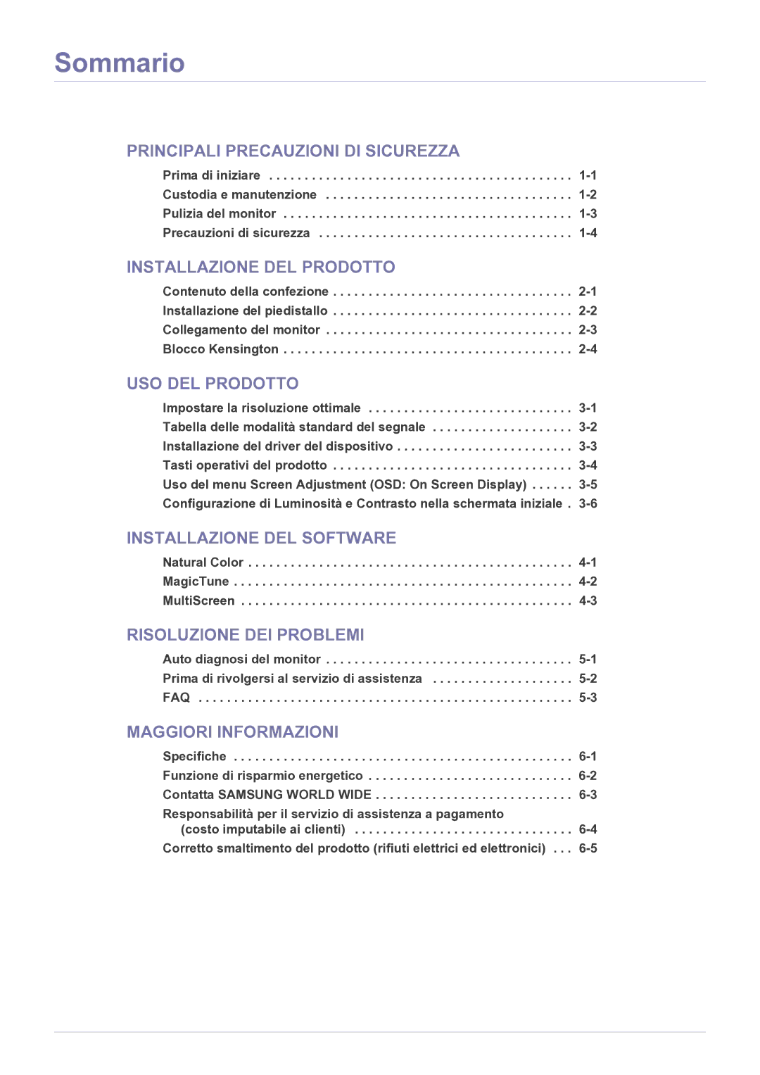 Samsung LS22B150NS/EN, LS19B150NS/EN manual Sommario, Principali Precauzioni DI Sicurezza 