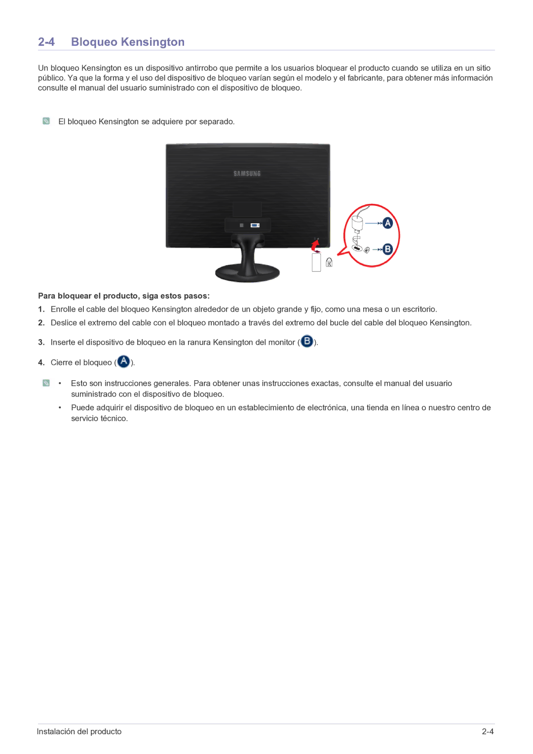 Samsung LS19B150NS/EN, LS22B150NS/EN manual Bloqueo Kensington, Para bloquear el producto, siga estos pasos 