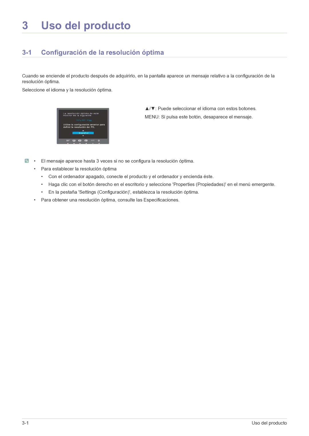 Samsung LS22B150NS/EN, LS19B150NS/EN manual Uso del producto, Configuración de la resolución óptima 