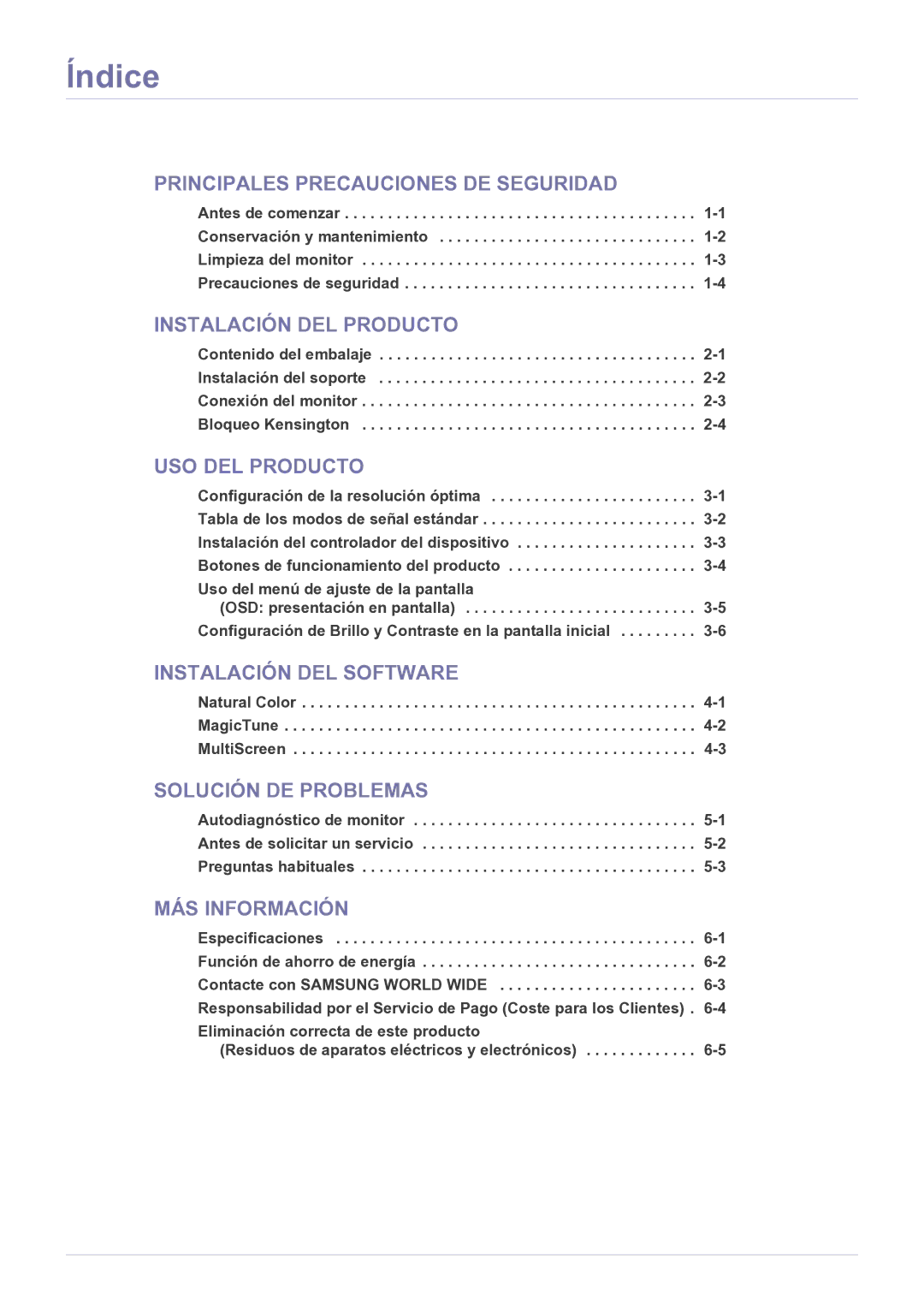 Samsung LS22B150NS/EN, LS19B150NS/EN manual Índice, Principales Precauciones DE Seguridad 