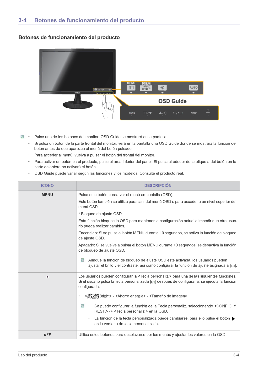 Samsung LS19B150NS/EN, LS22B150NS/EN manual Botones de funcionamiento del producto, Icono Descripción 