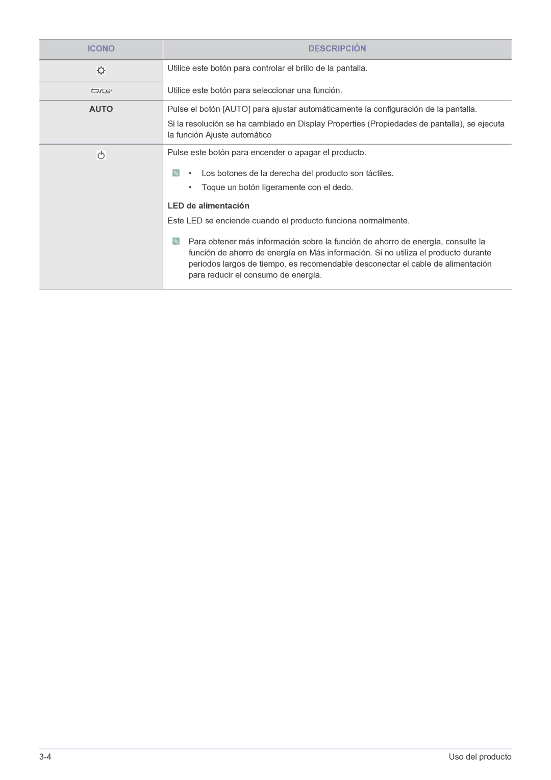 Samsung LS22B150NS/EN, LS19B150NS/EN manual Auto, LED de alimentación 