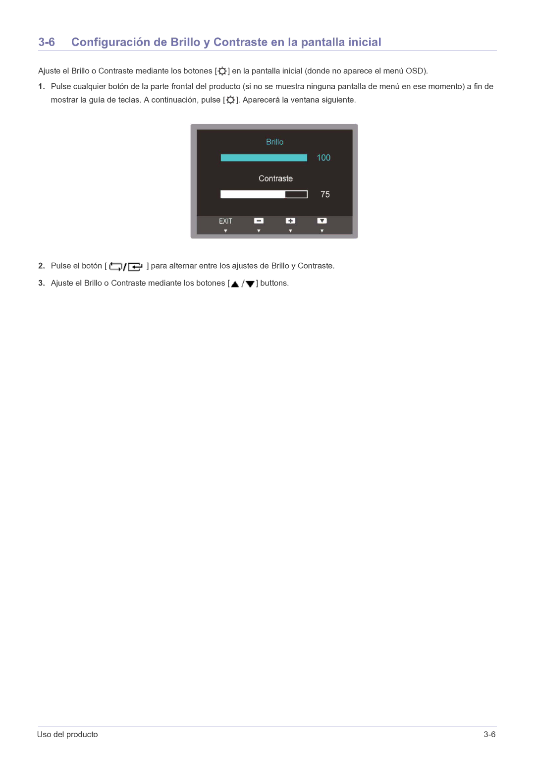 Samsung LS19B150NS/EN, LS22B150NS/EN manual Configuración de Brillo y Contraste en la pantalla inicial 