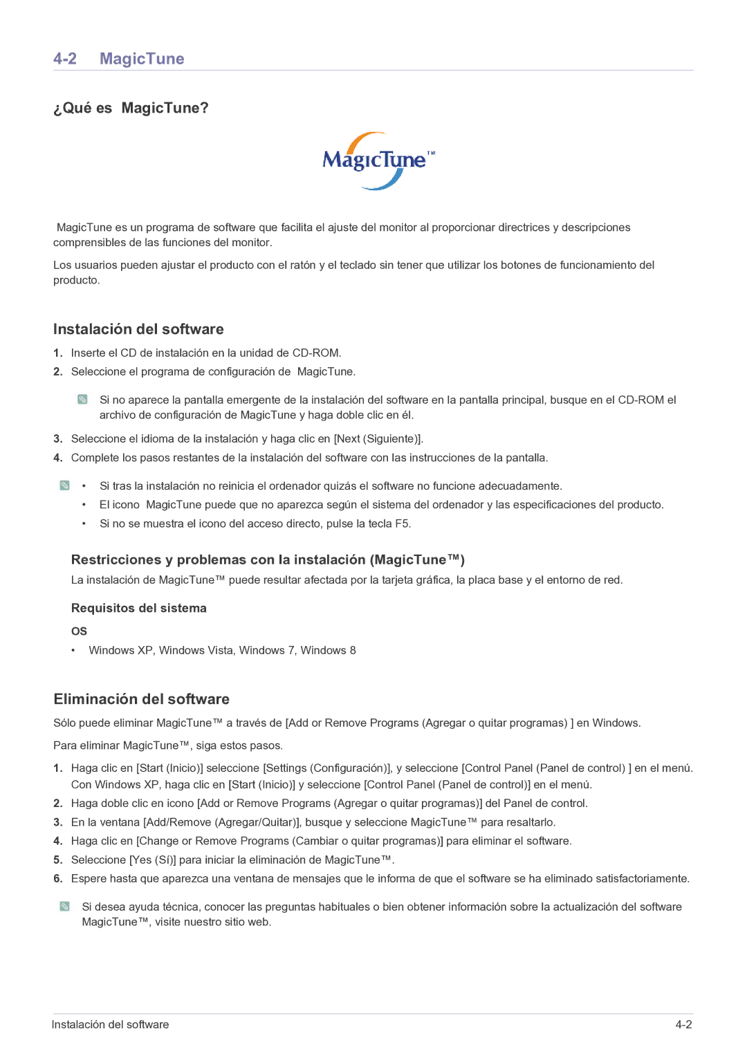 Samsung LS19B150NS/EN, LS22B150NS/EN manual ¿Qué es MagicTune?, Instalación del software, Eliminación del software 