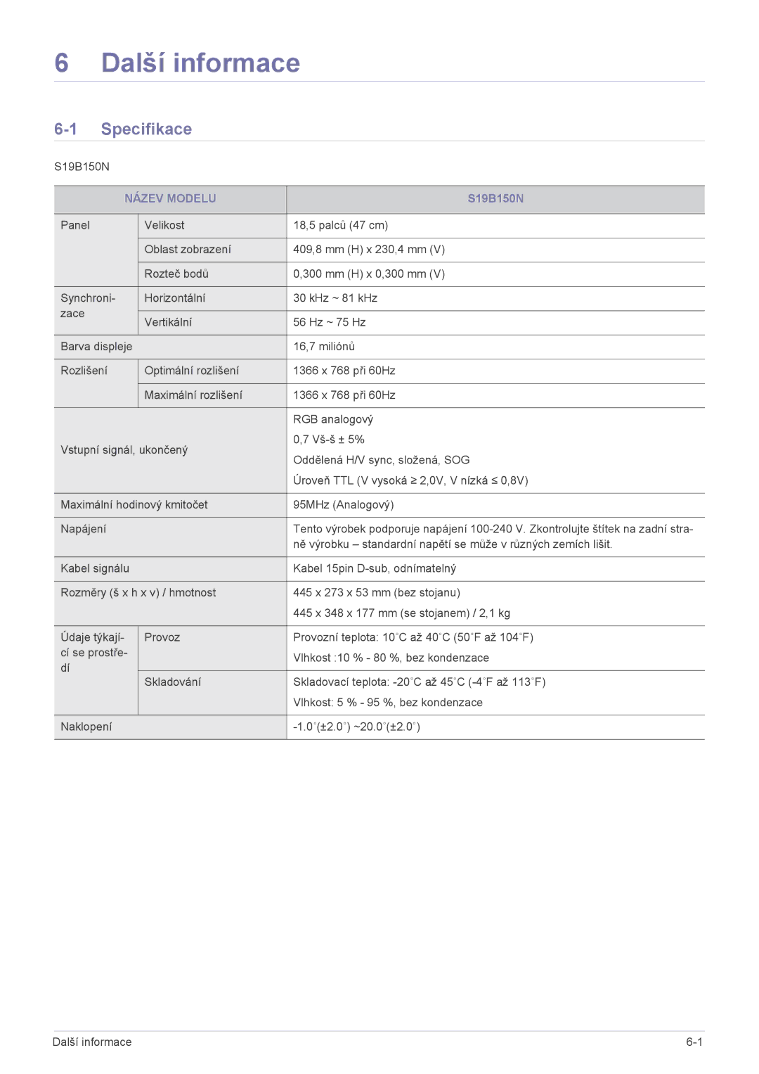 Samsung LS19B150NS/EN, LS22B150NS/EN manual Další informace, Specifikace, Název Modelu 