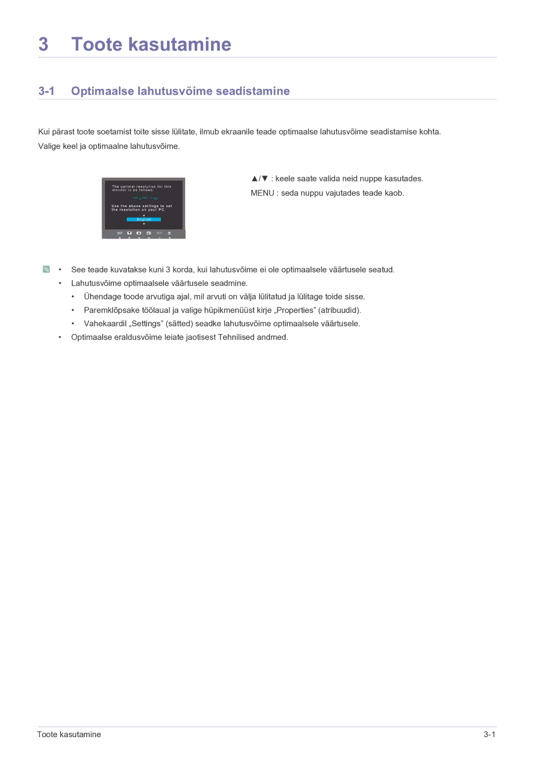 Samsung LS19B150NS/EN, LS22B150NS/EN manual Toote kasutamine, Optimaalse lahutusvõime seadistamine 