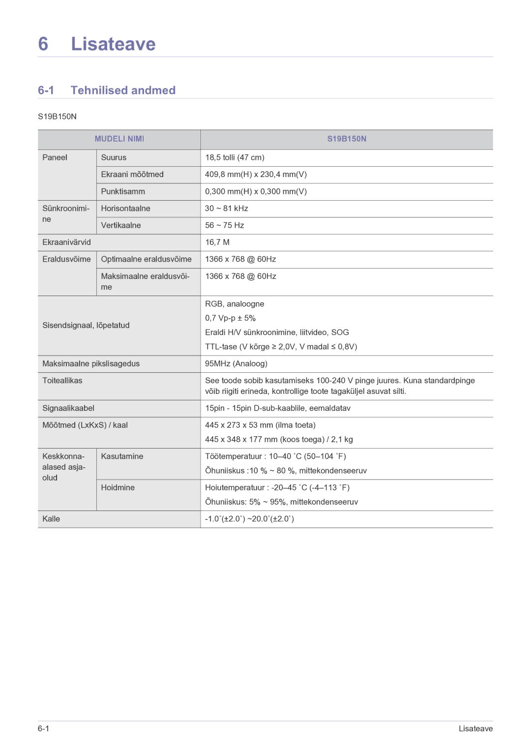 Samsung LS22B150NS/EN, LS19B150NS/EN manual Lisateave, Tehnilised andmed, Mudeli Nimi 