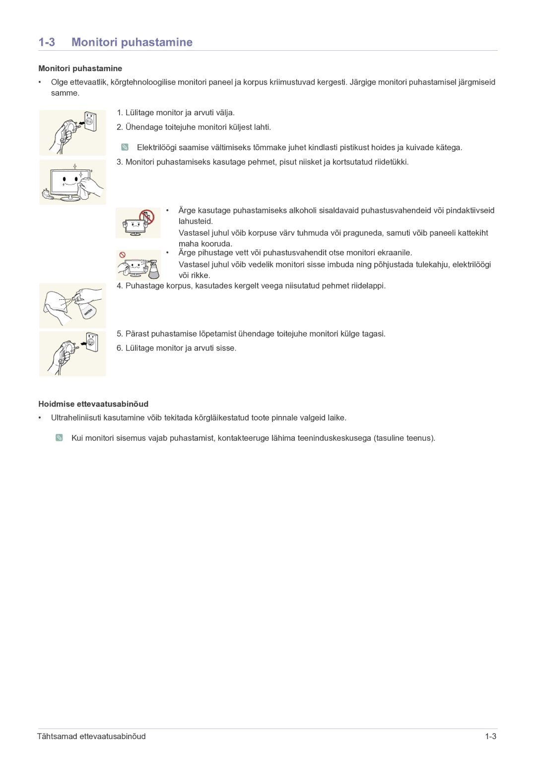 Samsung LS19B150NS/EN, LS22B150NS/EN manual Monitori puhastamine, Hoidmise ettevaatusabinõud 