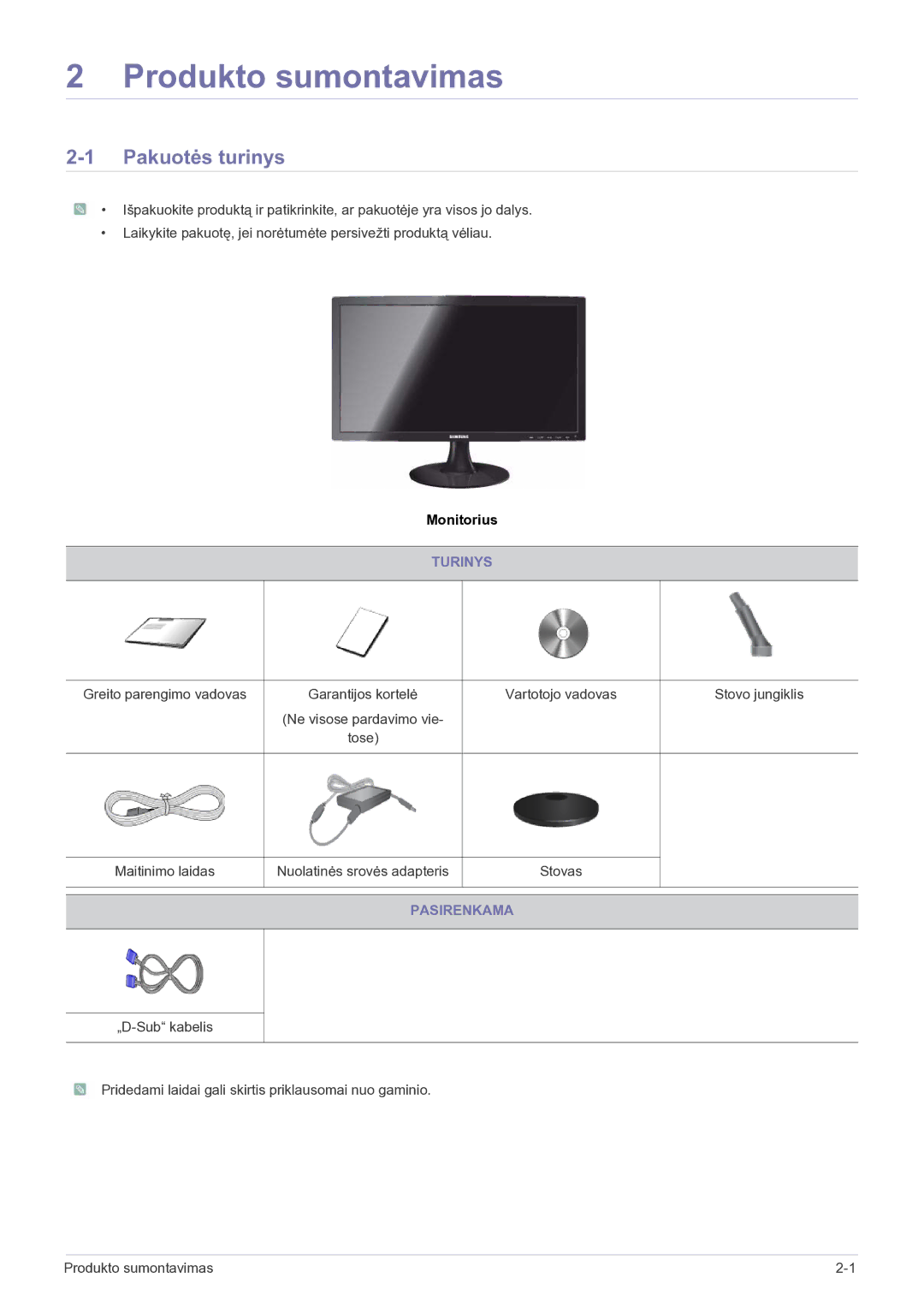 Samsung LS19B150NS/EN, LS22B150NS/EN manual Produkto sumontavimas, Pakuotės turinys, Turinys, Pasirenkama 