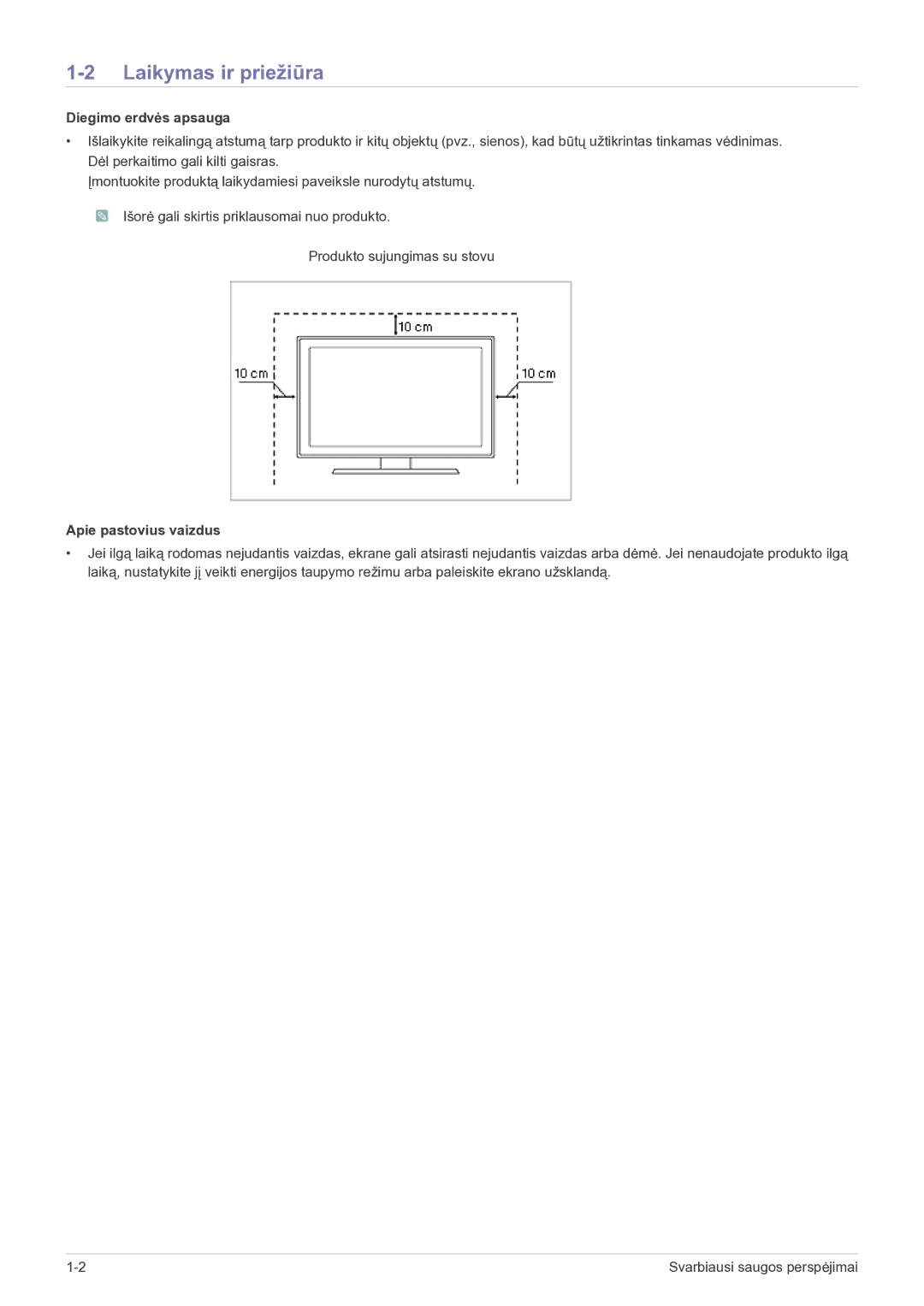 Samsung LS22B150NS/EN, LS19B150NS/EN manual Laikymas ir priežiūra, Diegimo erdvės apsauga, Apie pastovius vaizdus 