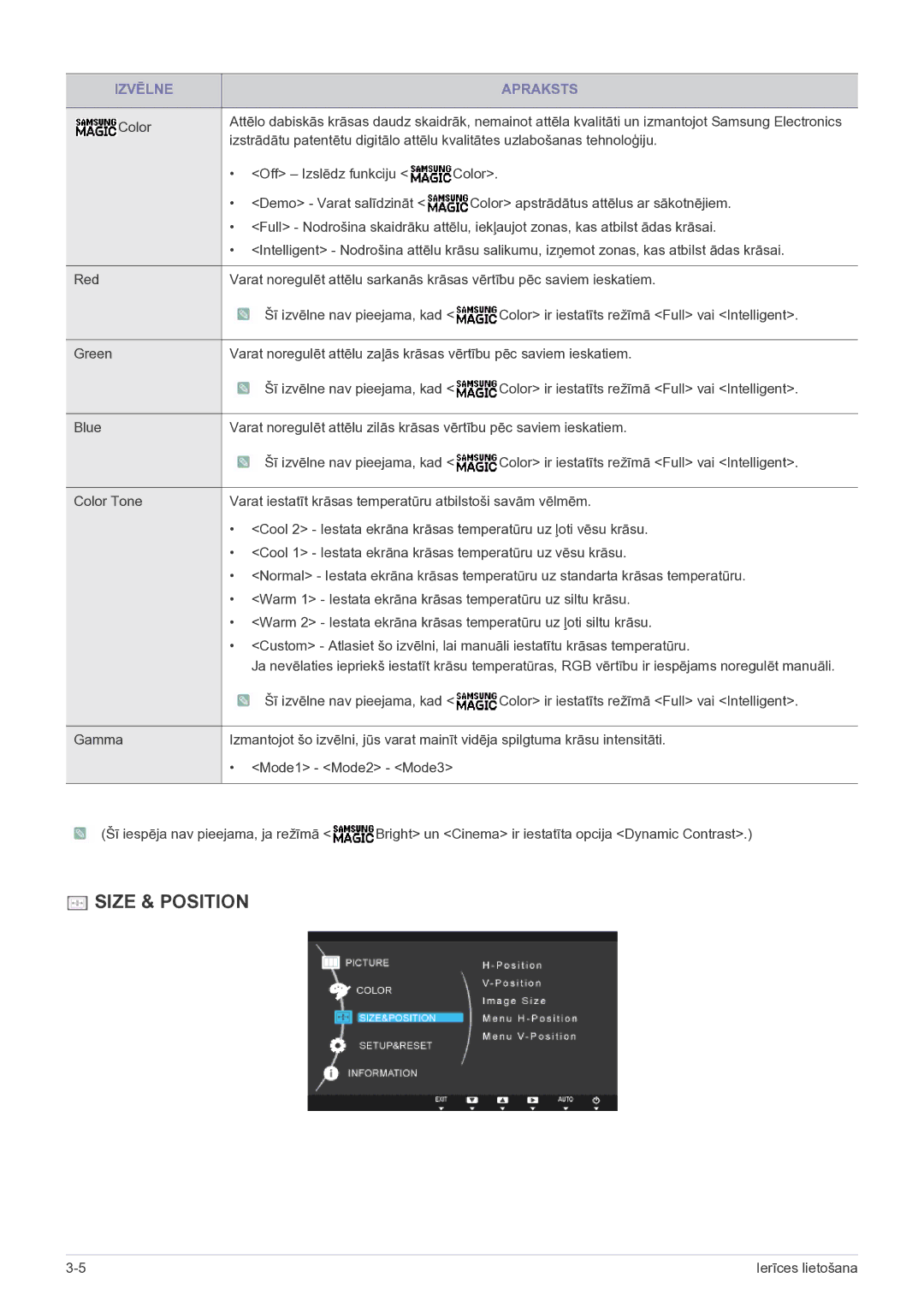 Samsung LS22B150NS/EN, LS19B150NS/EN manual Size & Position 