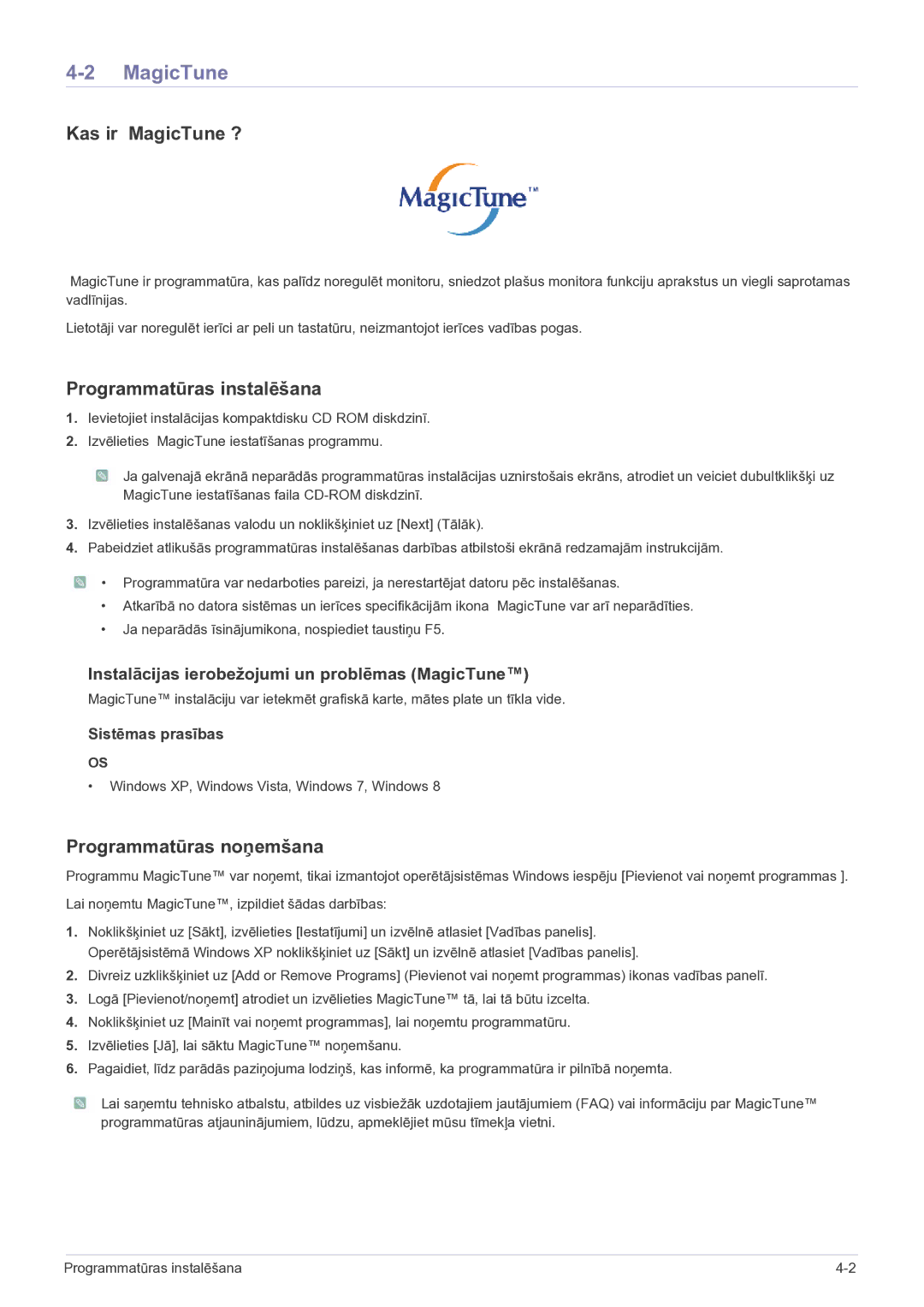 Samsung LS19B150NS/EN, LS22B150NS/EN manual Kas ir MagicTune ?, Programmatūras instalēšana, Programmatūras noņemšana 