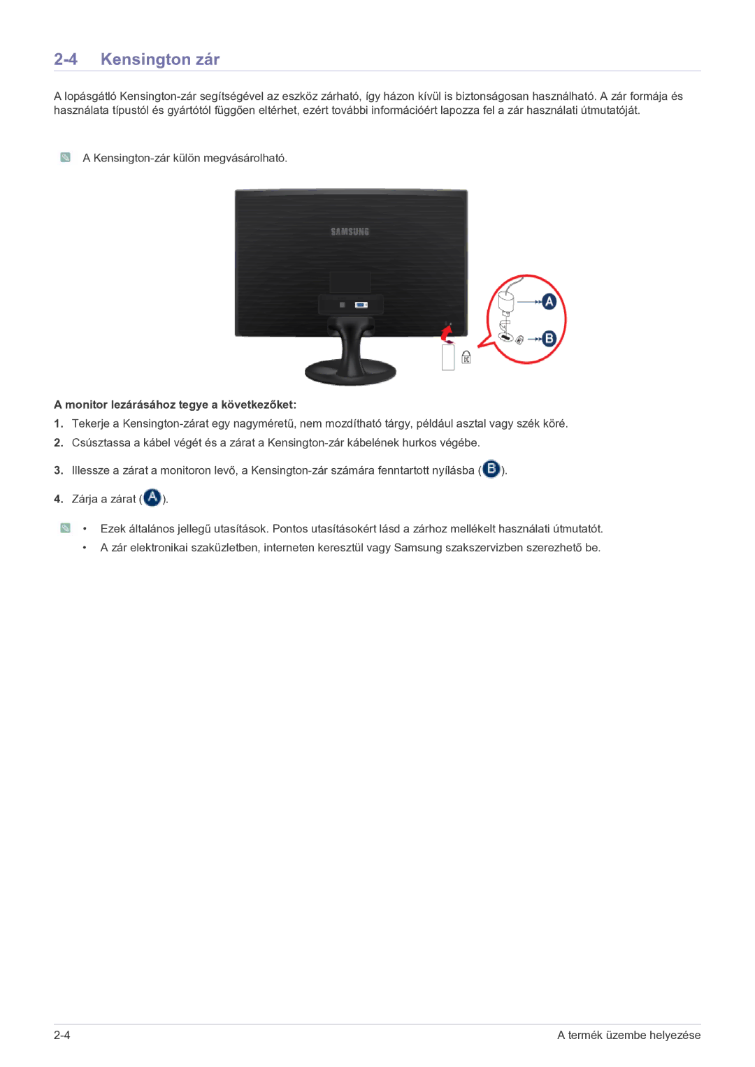 Samsung LS22B150NS/EN, LS19B150NS/EN manual Kensington zár, Monitor lezárásához tegye a következőket 