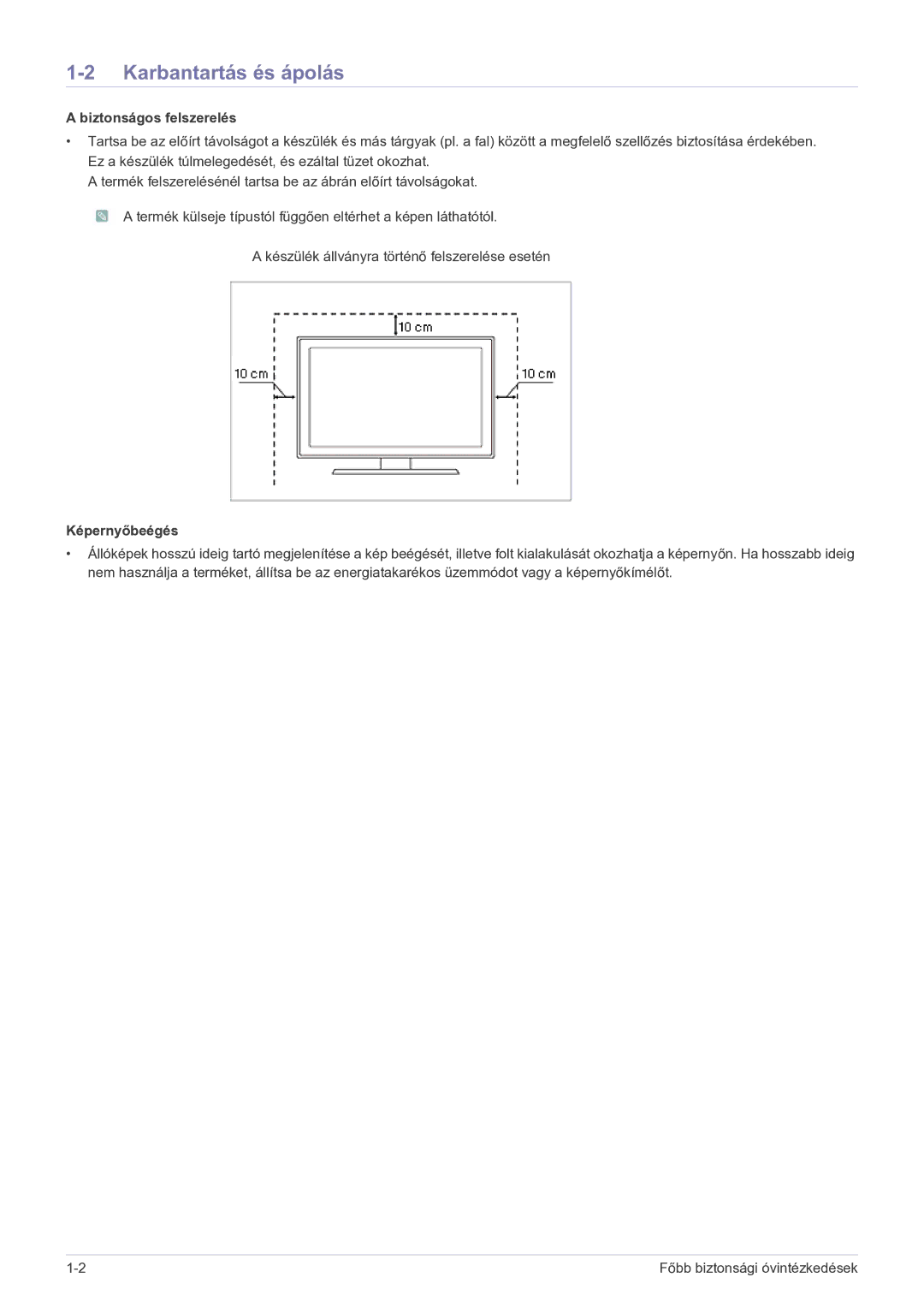 Samsung LS22B150NS/EN, LS19B150NS/EN manual Karbantartás és ápolás, Biztonságos felszerelés, Képernyőbeégés 