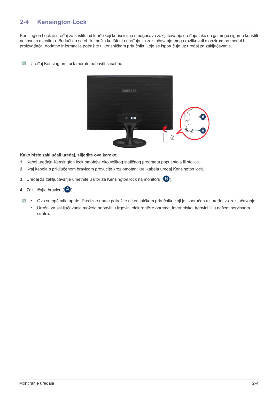 Samsung LS19B150NS/EN, LS22B150NS/EN manual Kensington Lock, Kako biste zaključali uređaj, slijedite ove korake 