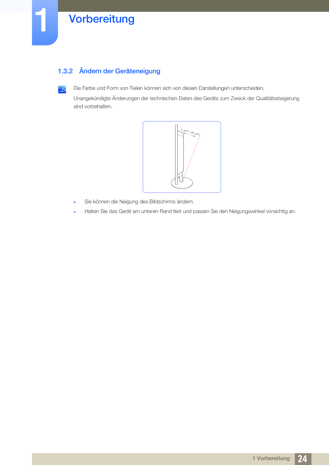 Samsung LS22B220BWV/EN manual 2 Ändern der Geräteneigung 