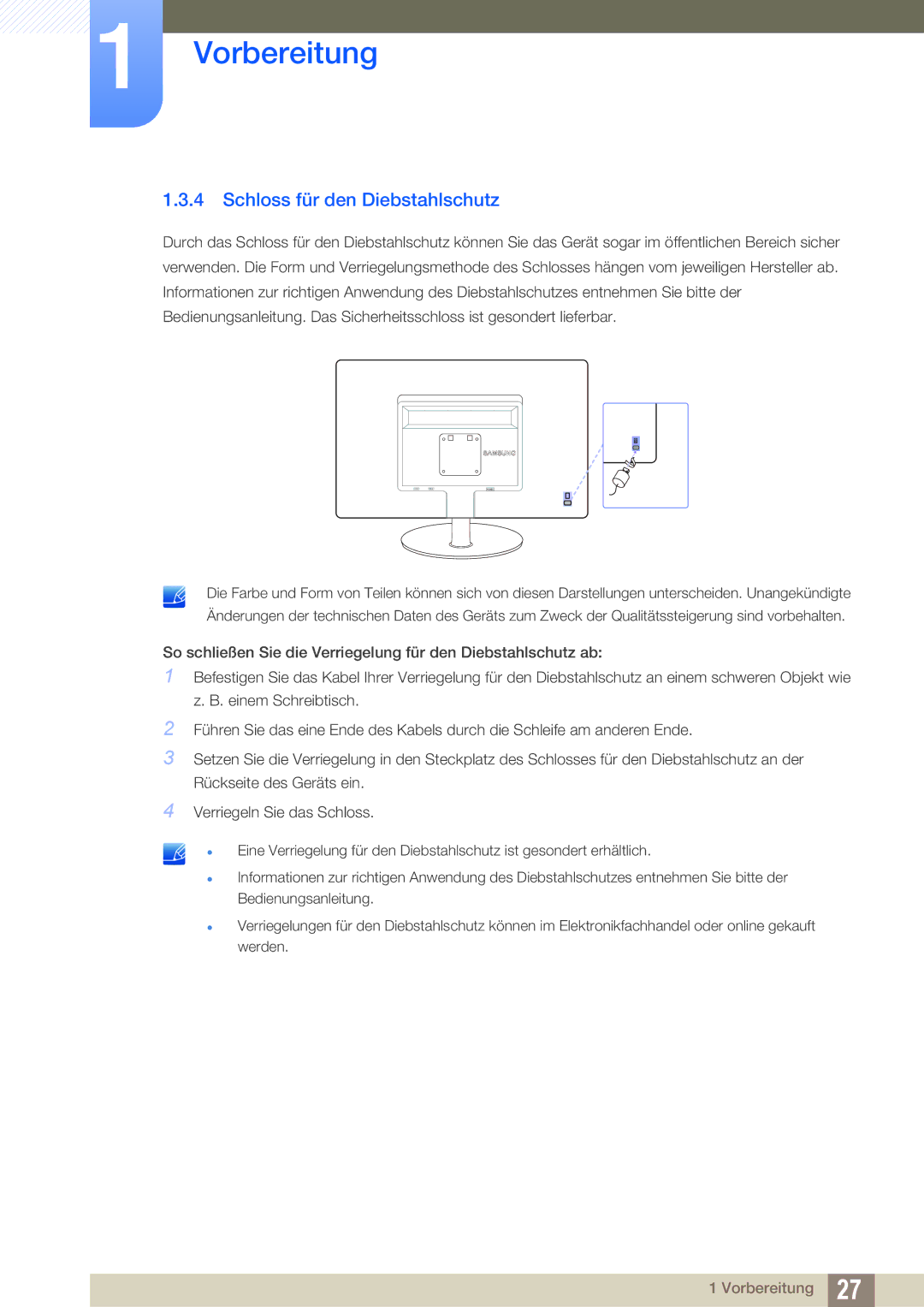 Samsung LS22B220BWV/EN manual Schloss für den Diebstahlschutz 