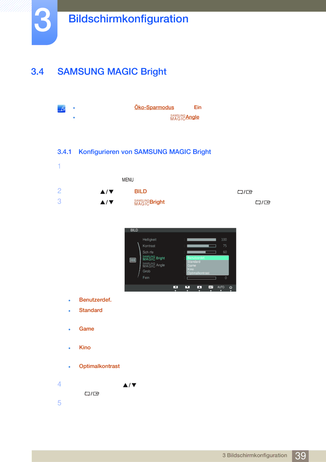 Samsung LS22B220BWV/EN manual Konfigurieren von Samsung Magic Bright 