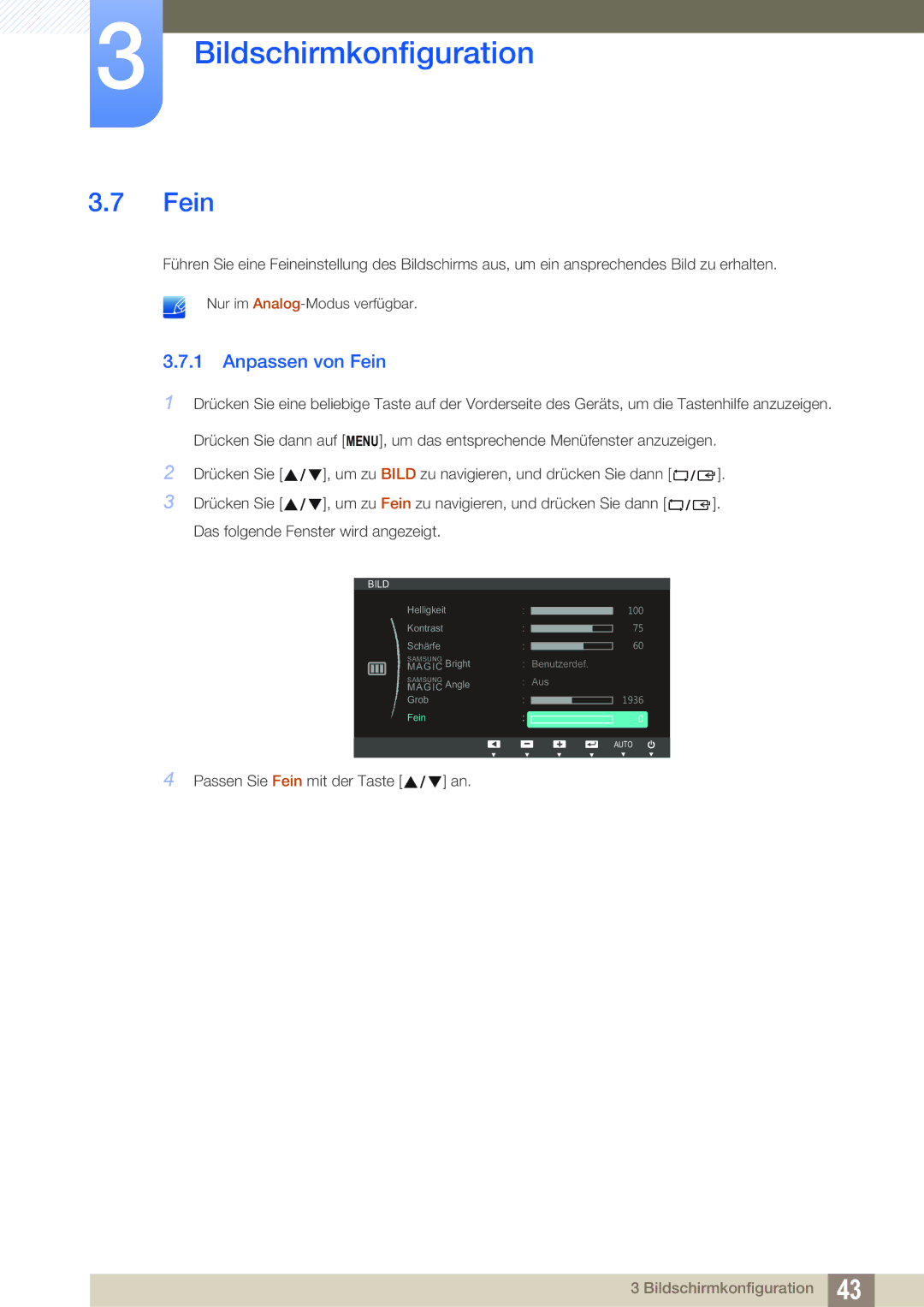 Samsung LS22B220BWV/EN manual Anpassen von Fein 