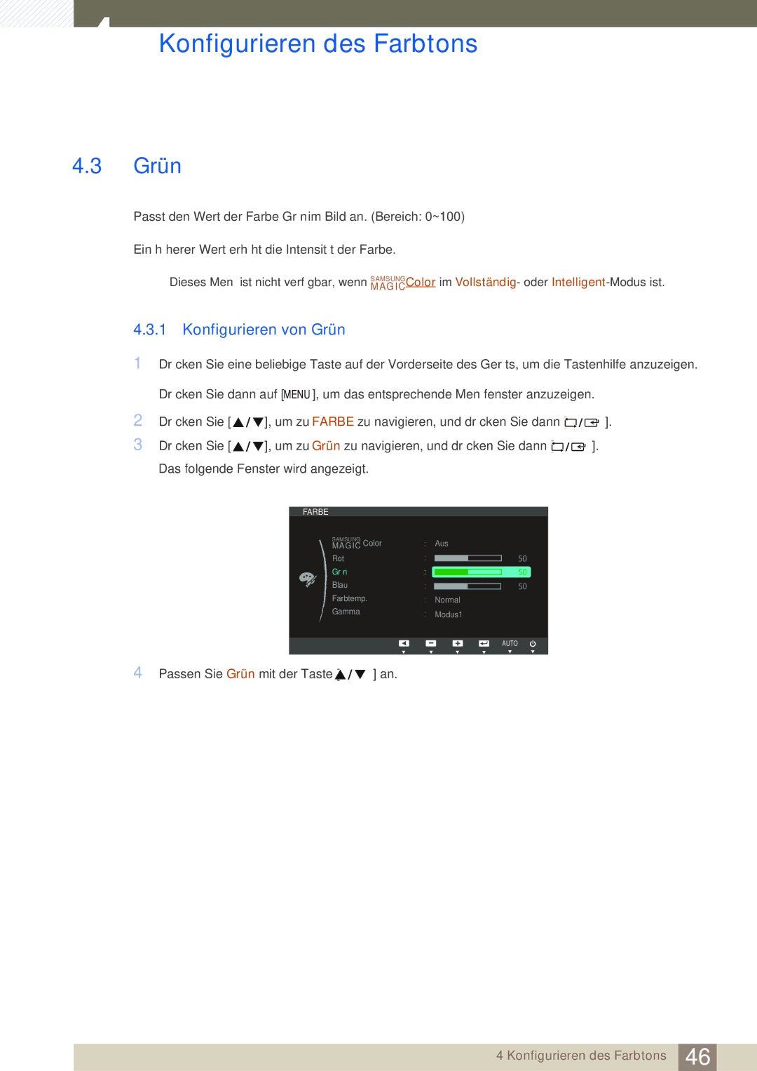 Samsung LS22B220BWV/EN manual Konfigurieren von Grün 